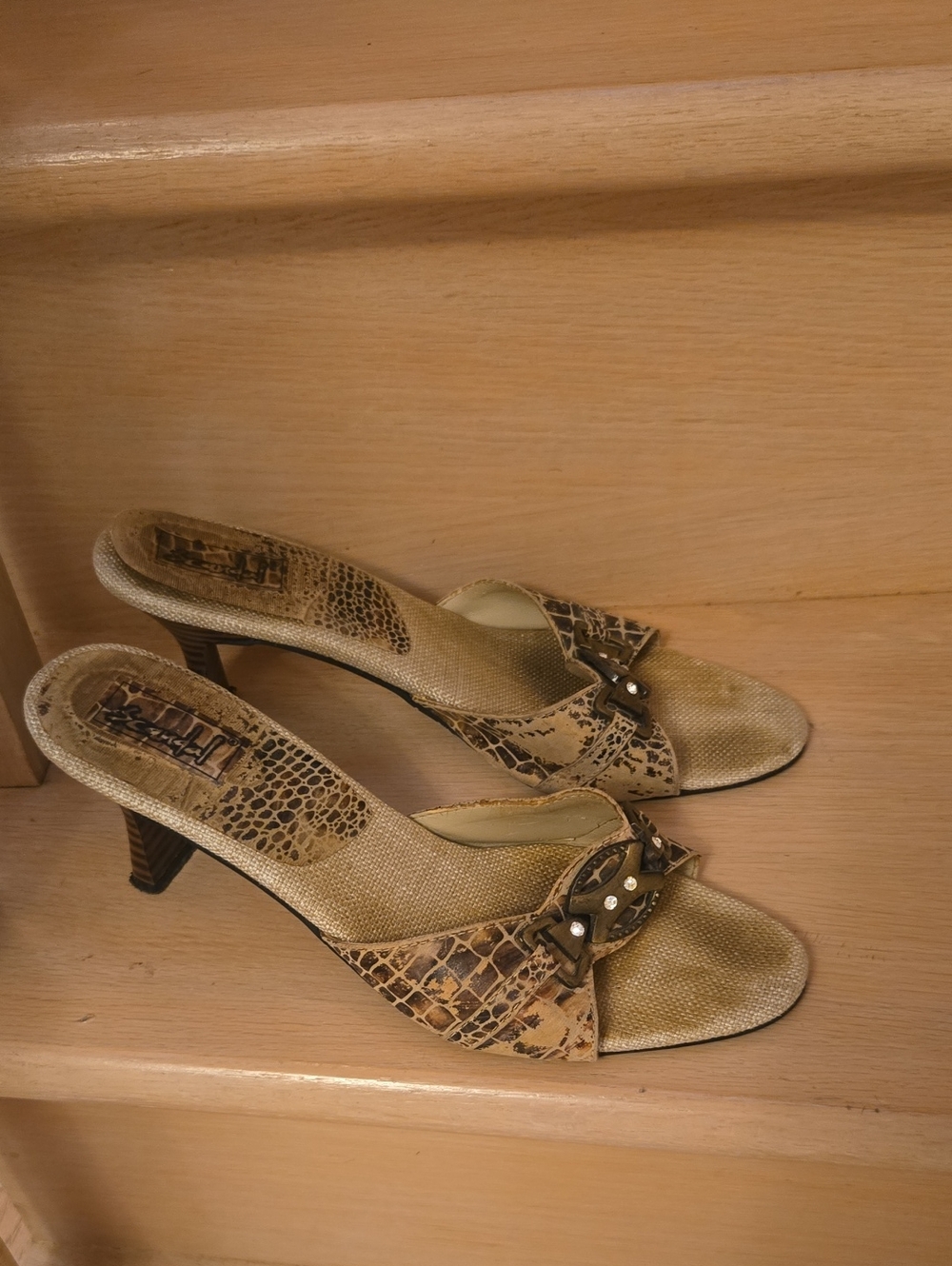 Gold Snake-Print Open-Toe Mid Heel Sandals with Stud Accent